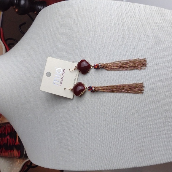 Mia Collection Gold Tone Bordeaux Stone Rhinestone Chain Fringe Drop Earrings - Picture 3 of 8